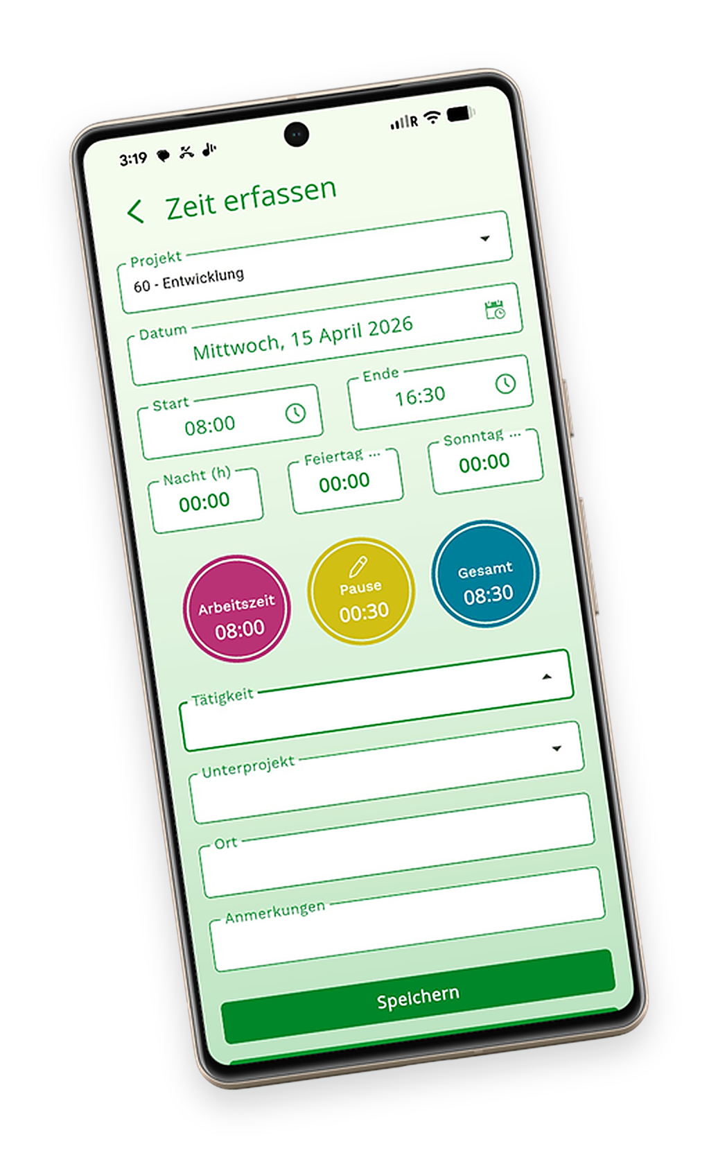 Bamsenet App auf dem Smartphone für die Zeiterfassung auf der Baustelle