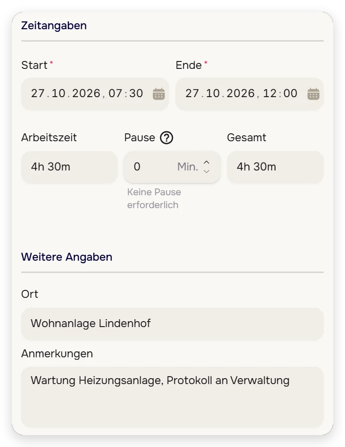 Zeiteintrag in Bamsenet mit Start, Ende, Pause und selbst eingetragenem Ort