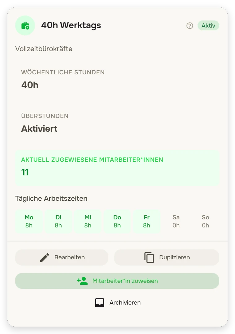 Bamsenet Arbeitszeitmodelle: Wochenstunden und tägliche Sollzeiten je Modell