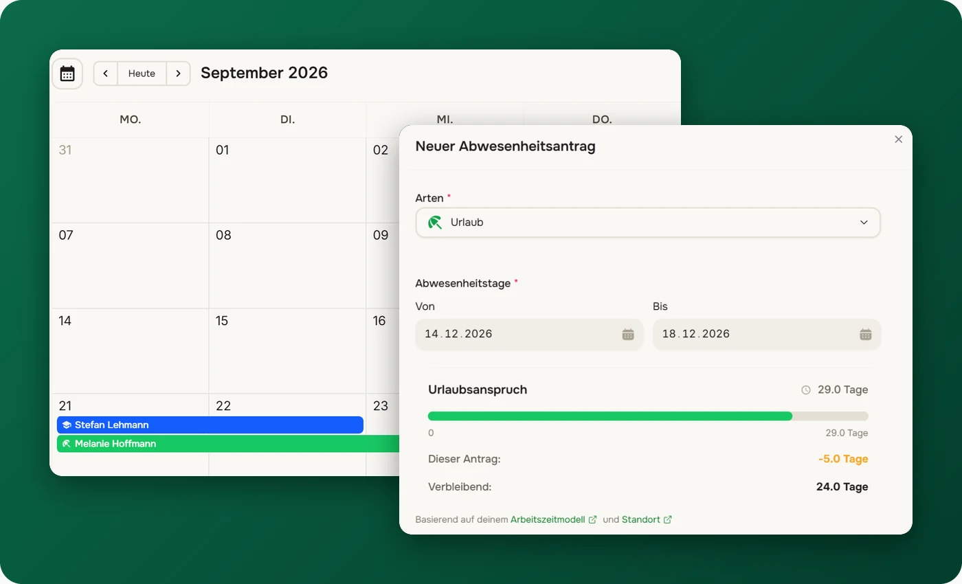 Bamsenet Urlaubsantrag mit Resturlaub vor dem Team-Kalender