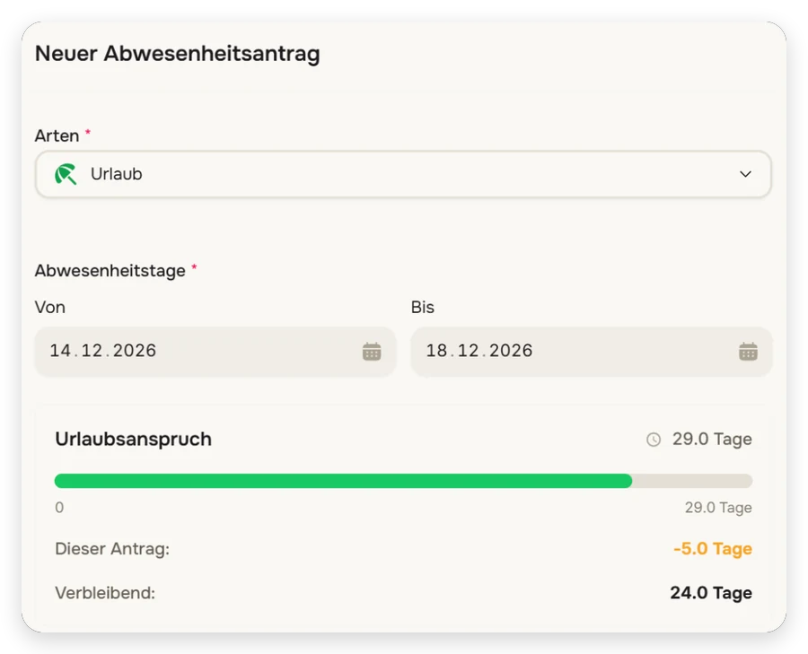 Bamsenet Urlaubsantrag mit Resturlaub vor dem Team-Kalender